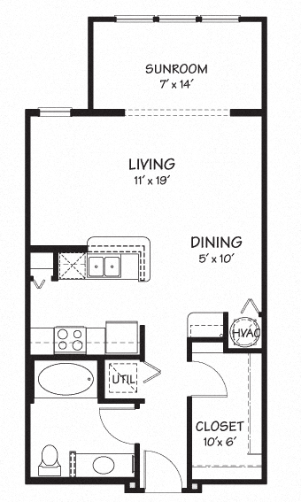 Floor plan for studio, 1 bath, 665 sqft